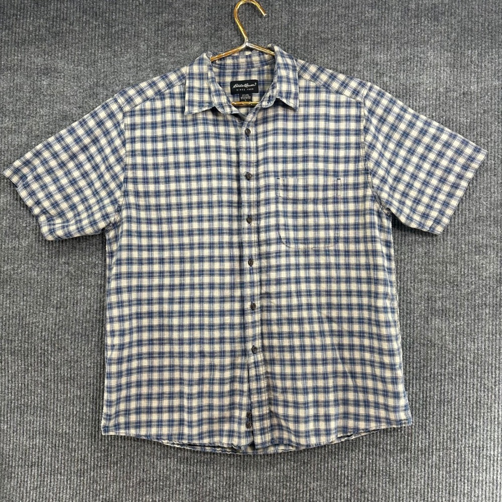 Eddie Bauer Button Down Shirt Mens L Blue Plaid Linen Cotton Excellent Casual